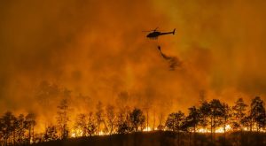 Helikopter gasi pożar w lesie, w tle widoczne płomienie i dym w intensywnych odcieniach pomarańczowego.