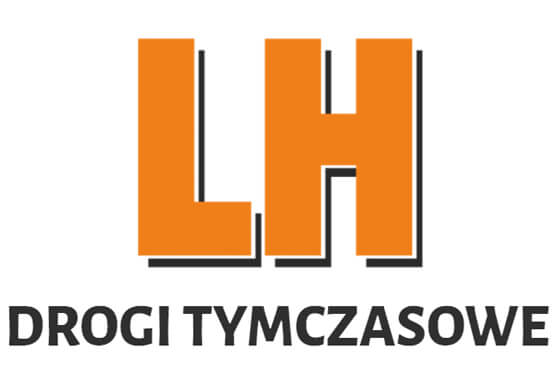 Logo z literami LH w kolorze pomarańczowym, pod nimi napis DROGI TYMCZASOWE w czarnym kolorze.