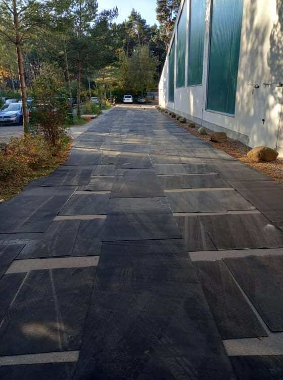 Ścieżka z kamiennymi płytami, otoczona drzewami i krzewami, z widocznym parkingiem w tle.