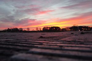 Zachód słońca nad polami, z intensywnymi odcieniami różu i pomarańczu oraz zarysami drzew w tle.
