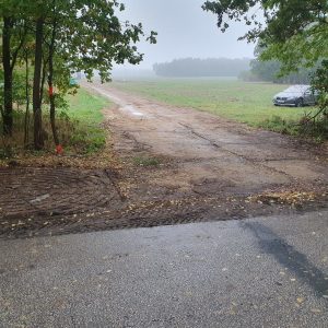 Droga w lesie, szare niebo, w tle pole, z lewej strony widoczne drzewa, a z prawej zaparkowany samochód.