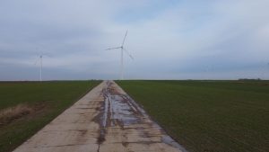 Pole z zieloną roślinnością, na którym znajdują się turbiny wiatrowe, a w tle widoczny szary niebo.